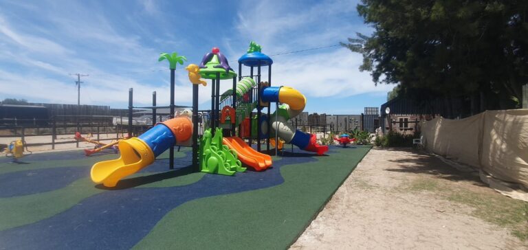 Jungle gym with tube slides on blue and green rubber wet pour surfacing