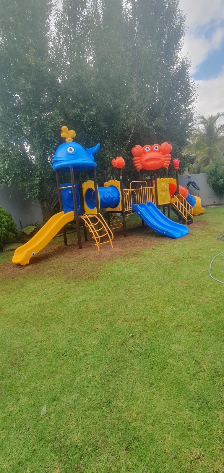 Jungle gym with whale and crab roof panels and two slides on a lawn