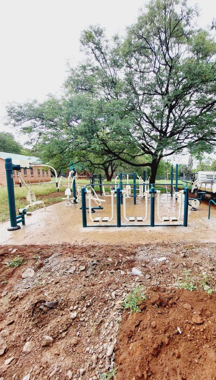 Outdoor gym stations on a concrete slab beneath a large tree